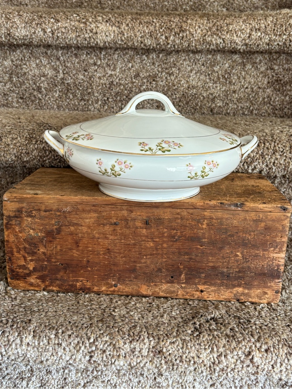 Porcelain Covered Serving Bowl with Pink Floral Motif